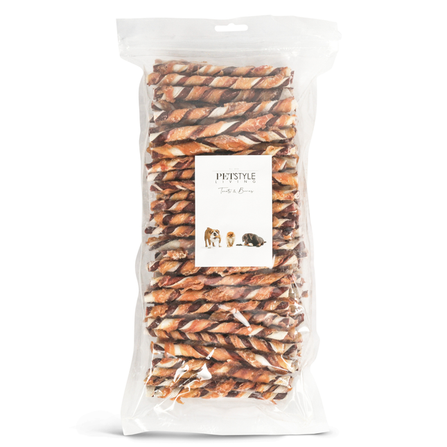 Petstyle Living - Gedraaide Sticks Meerkleurig met Kip & Rund 12.5cm - 100 Stuks