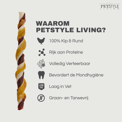 Bâtonnet torsadé multicolore avec poulet 12,5cm 7/8mm - Par boîte (15)