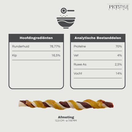 Bâtonnet torsadé multicolore avec poulet 12,5cm 7/8mm - Par boîte (15)