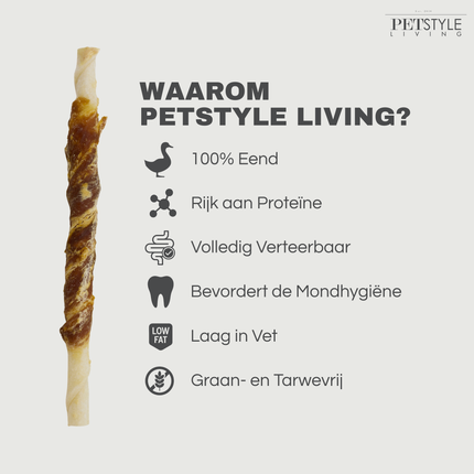 Petstyle Living - Gedraaide Sticks met Eend 12.5cm - 100 Stuks