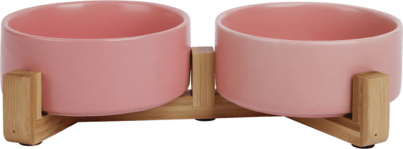 JV BON APPETIT Double ceramic pet bowl with bamboo stand Pink